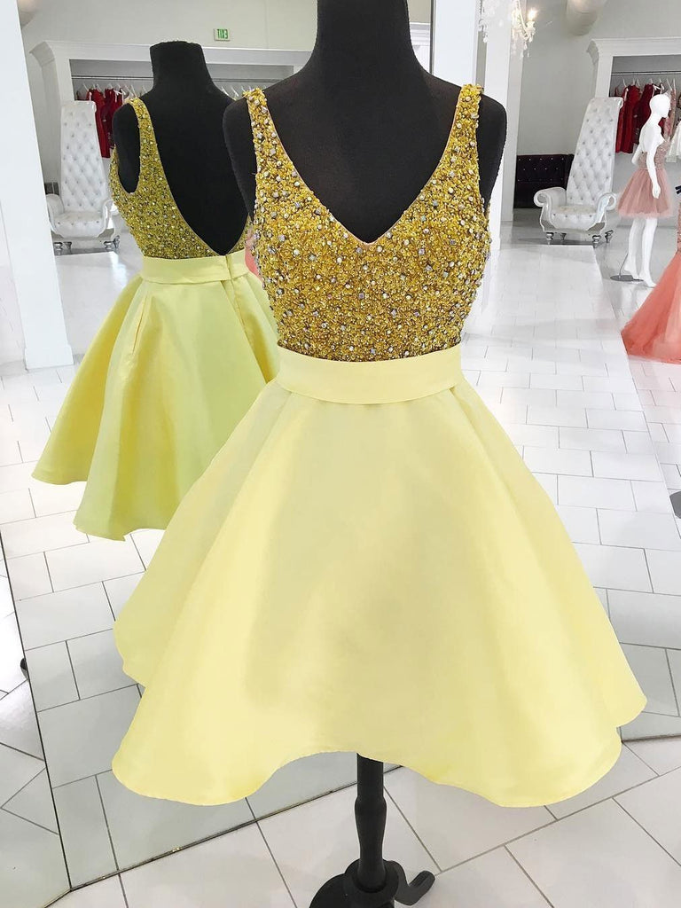 V Neck Yellow Beaded Backless Cheap Cute Simple Homecoming Dresses 2018, BDY0247
