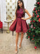 A-Line Burgundy Satin Sequins Homecoming Dress With Sash,Short Prom Dresses,BDY0338