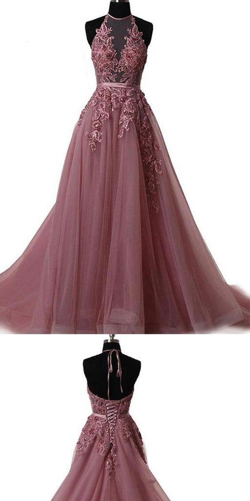 A-line Red Tulle Beaded Lace Long Prom Dress ,Cheap Prom Dresses,PDY0404