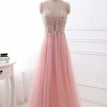 A-Line V-Neck Cap Sleeve Pink Tulle Prom Dress With Sequins,Cheap Prom Dresses, PDY0225