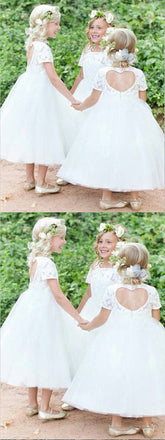 Short Sleeves Open Back Tulle White Lace Flower Girl Dress  ,Cheap Flower Girl Dresses ,FGY0226
