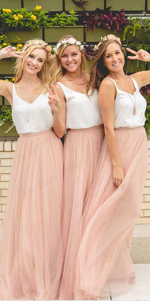 A-line Two Piece Pink Tulle Bridesmaid Dresses,Cheap Bridesmaid Dresses,WGY0381