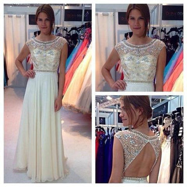 Rhinestone Beaded Illusion Top Open Back Long A-line Chiffon Prom Dresses, BG0321