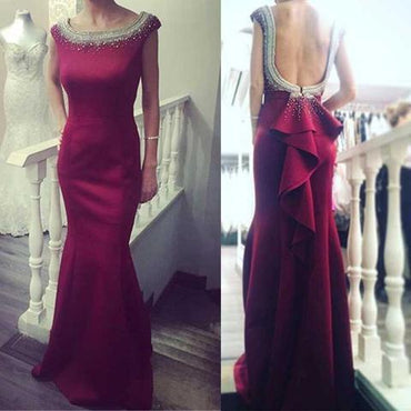Elegant Round Neck Satin Mermaid Backless Prom Dresses, BG0322