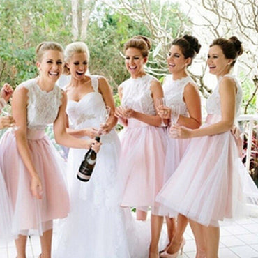 Junior Pretty Off Shoulder Lace Small Round Neck Blush Pink Tulle Short Bridesmaid Dresses for Wedding Party, WGY0327