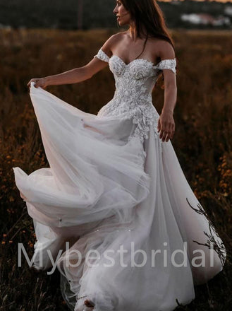 Elegant Sweetheart Off shoulder A-line Lace applique Wedding Dresses,WDY0321
