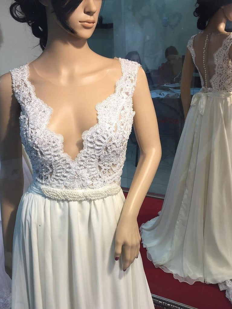 See Through V Neck Simple Beaded Cheap Beach Wedding Dresses, WDY0188