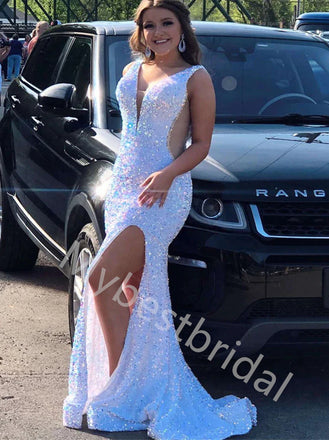 Sexy V-neck Sleeveless Side slit Mermaid Prom Dresses,PDS0738