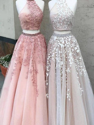 Two Piece High Neck Pink Lace Long Prom Dresses,Cheap Prom Dresses,PDY0469