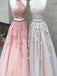 Two Piece High Neck Pink Lace Long Prom Dresses,Cheap Prom Dresses,PDY0469