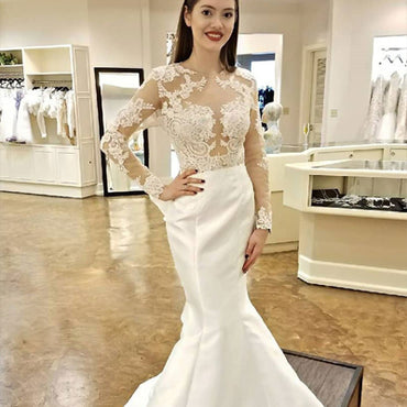 Gorgeous Mermaid White Lace Wedding Dress, long sleeve wedding gown with back detail ,WDY0149