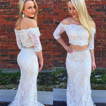 Two Piece Off-the-Shoulder Lace Prom Dress With Beading ,Cheap Evening Party Dress,PDY0274