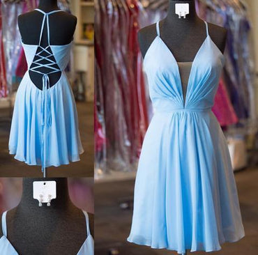 Sexy Casual Chiffon Blue Spaghetti Straps Short Cheap Homecoming Dresses Online, BDY0344
