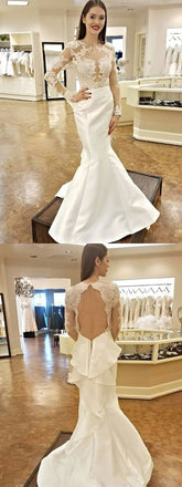 Gorgeous Mermaid White Lace Wedding Dress, long sleeve wedding gown with back detail ,WDY0149