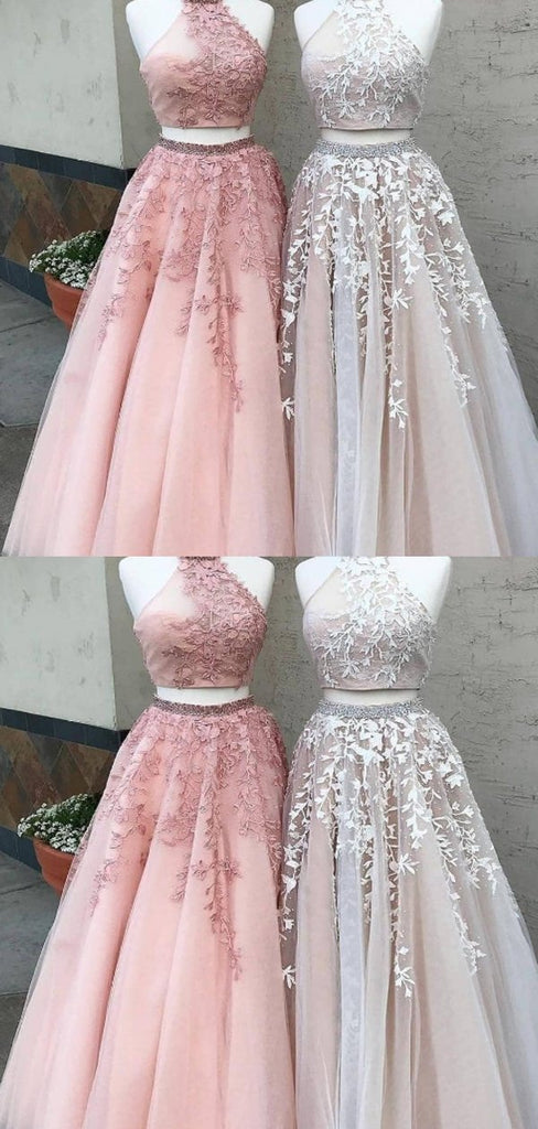 Two Piece High Neck Pink Lace Long Prom Dresses,Cheap Prom Dresses,PDY0469