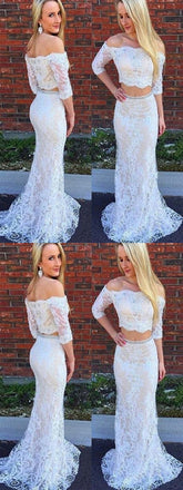 Two Piece Off-the-Shoulder Lace Prom Dress With Beading ,Cheap Evening Party Dress,PDY0274