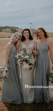 Elegant V-neck Floor-length Tulle Long Bridesmaid Dresses, BDS0150