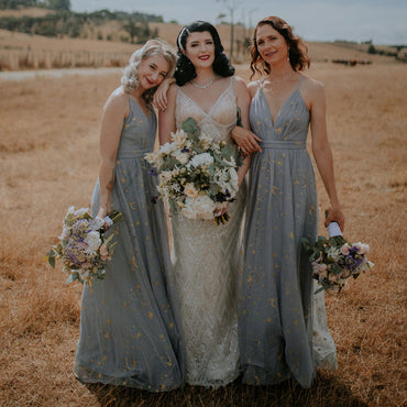 Elegant V-neck Floor-length Tulle Long Bridesmaid Dresses, BDS0150