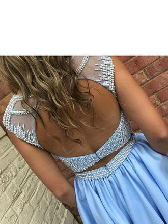 Open Back Blue Cap Sleeve Heavily Beaded Bateau Cute Homecoming Dresses 2018, BDY0250