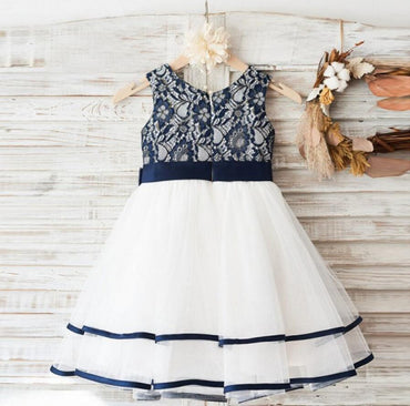 Fashion Lovely Navy  Lace Sleeveless Round Neck  Flower Girl Dresses With Bow Sash, FGY0119