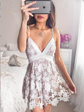 V-neck Spaghetti Straps Short Lilac Lace Homecoming Dresses ,Short Prom Dresses,BDY0317