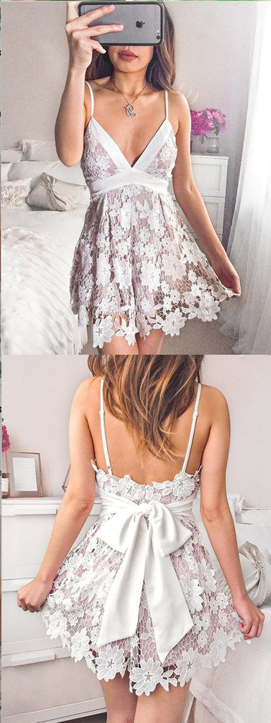 V-neck Spaghetti Straps Short Lilac Lace Homecoming Dresses ,Short Prom Dresses,BDY0317