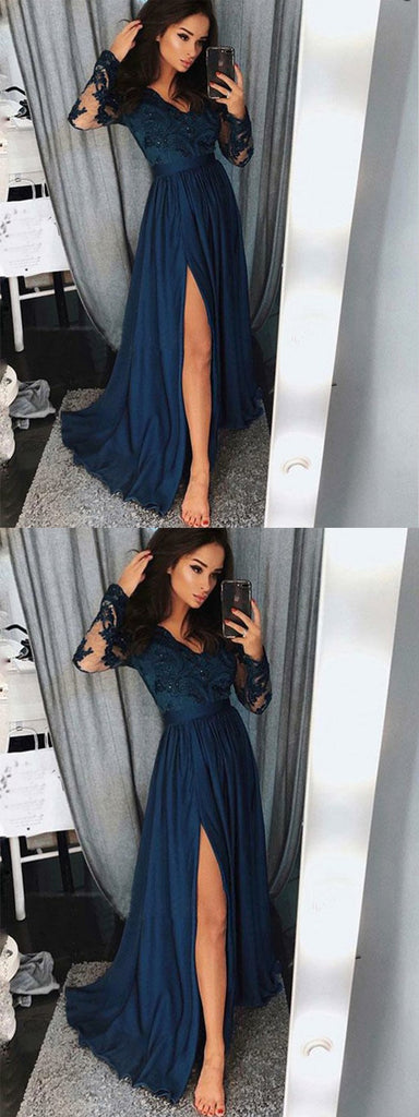 A-Line V-Neck Navy Blue Chiffon Prom Dress with Appliques Beading,Evening Party Dress,PDY0374
