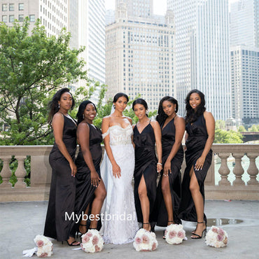 Spaghetti straps V-neck Side slit Floor-length Elegant Simple Long Bridesmaid Dressess, BDS0267