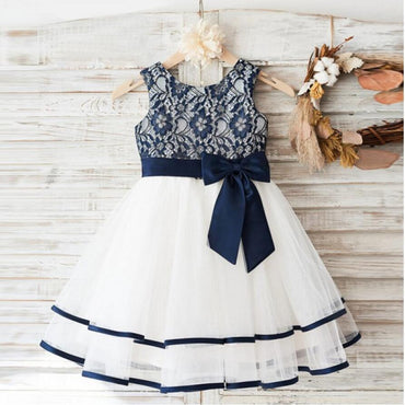 Fashion Lovely Navy  Lace Sleeveless Round Neck  Flower Girl Dresses With Bow Sash, FGY0119
