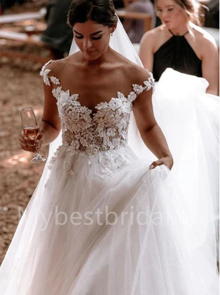 Elegant V-neck Off shoulder  A-line lace applique Wedding Dresses, WDY0281