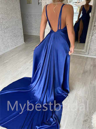 Elegant Spaghetti straps Deep V-neck Side slit Mermaid Prom Dresses,PDS0567