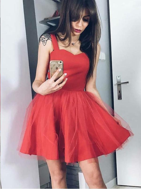 A-Line Square Neck Red Tulle Short Homecoming Dresses ,Short Prom Dresses,BDY0318