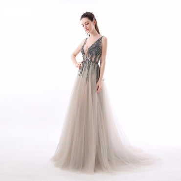 Sexy See Through V Neck Beaded Tulle A line Long Evening Prom Dresses,PDY0252