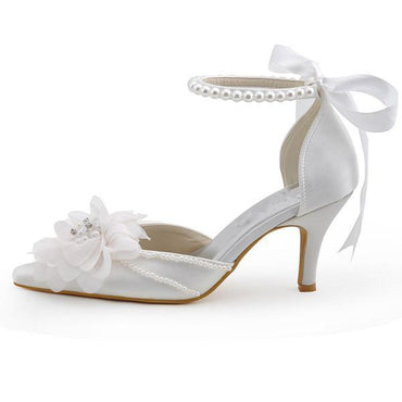 Pearls Women Wedding Shoes With Ribbons Lace Up Party Shoes Pointed Toes, SY0125