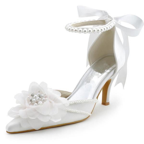 Pearls Women Wedding Shoes With Ribbons Lace Up Party Shoes Pointed Toes, SY0125
