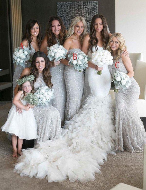 Elegant Strapless Long Sliver Grey Mermaid Bridesmaid Dress With Sequins,Bridesmaid Gown,WGY0179