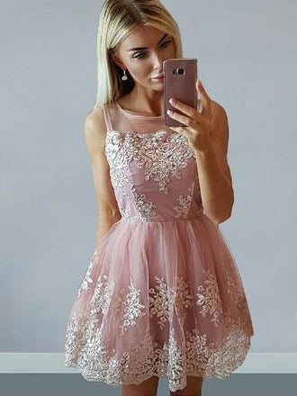 Cheap Cute Pink Scoop Straps Lace Homecoming Dresses 2018, BDY0183