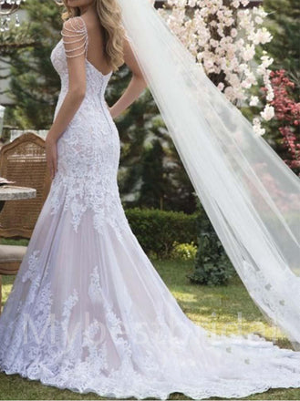 Sexy Spaghetti strapsV-neck Mermaid Lace applique Wedding Dresses,WDY0327