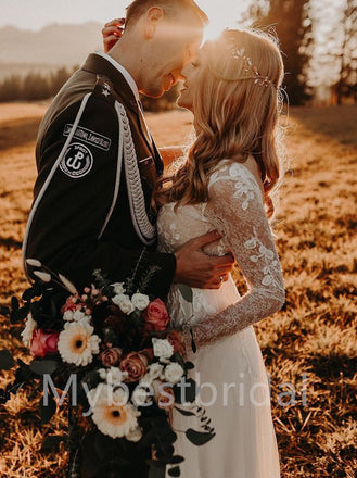 Simple V-neck Long sleeves A-Line Lace applique Wedding Dresses, WDY0194