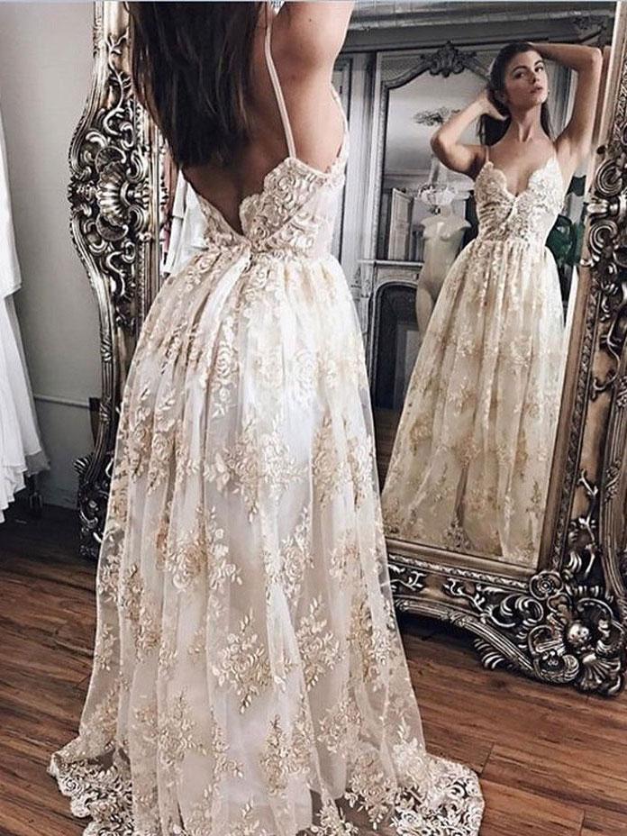 Sexy Backless Spahgetti Straps A-line Lace Wedding Dresses Online, WDY0223