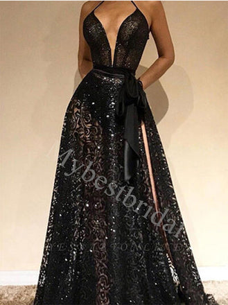 Black Elegant Halter Sleeveless Side slit A-line Prom Dresses,PDS0837