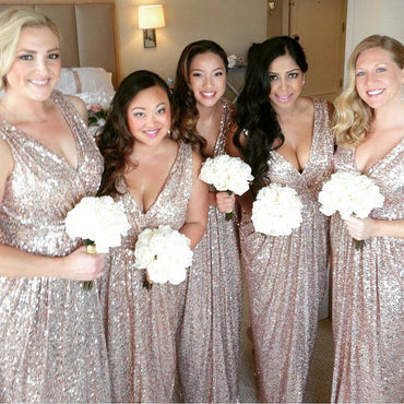 Shinning Sequined V-Neck Long Bridesmaid Dresses,Cheap Bridesmaid Dresses,WGY0355