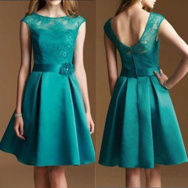 Junior Cap Sleeve Lace Top Satin Teal Green Knee-Length Inexpensive Bridesmaid Dress, WGY0323