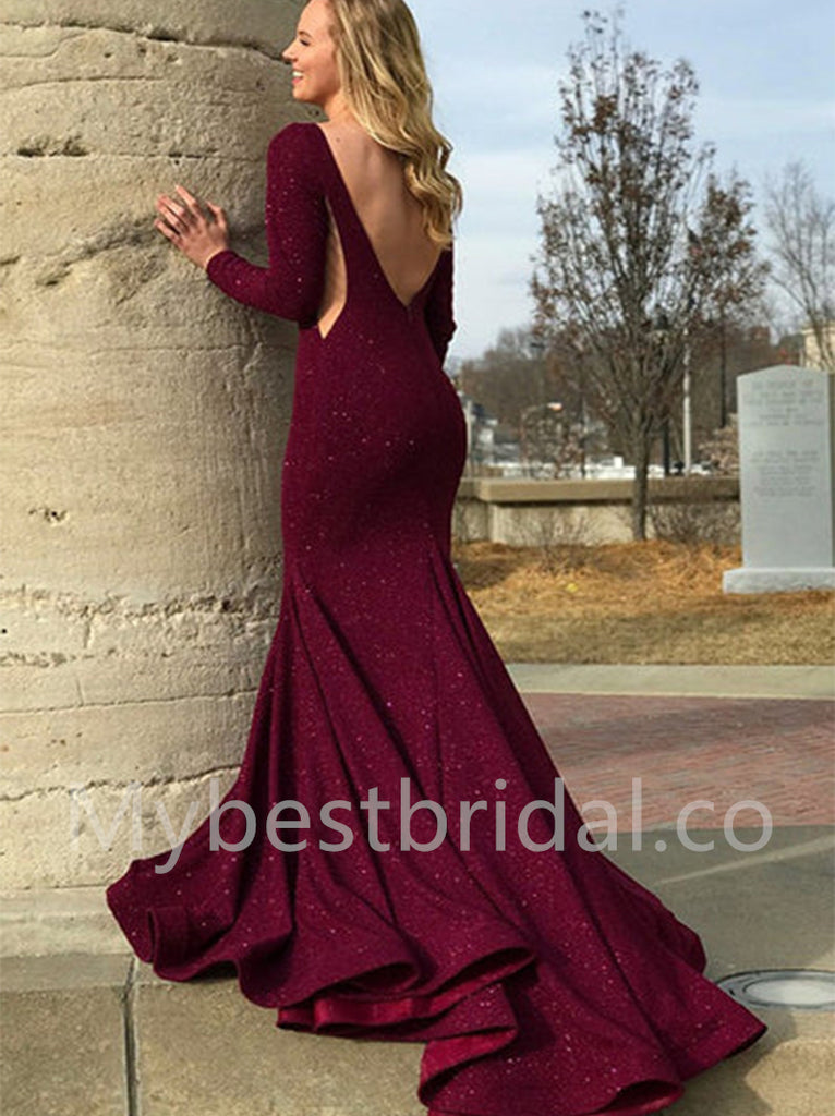 Elegant Long sleeves Open back Mermaid Prom Dresses, PDS0540