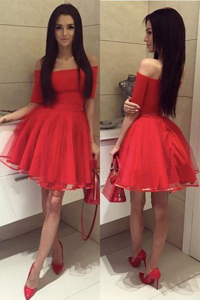 Off Shoulder Short Sleeves Red Short Cheap Homecoming Dresses Online, BDY0278
