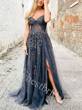 Elegant Off shoulder Side slit A-line Prom Dresses,PDS0979