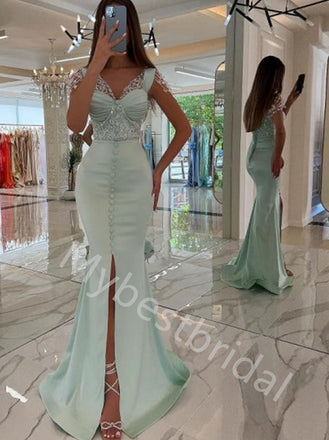 Sexy V-neck Side slit Mermaid Prom Dresses,PDS0759