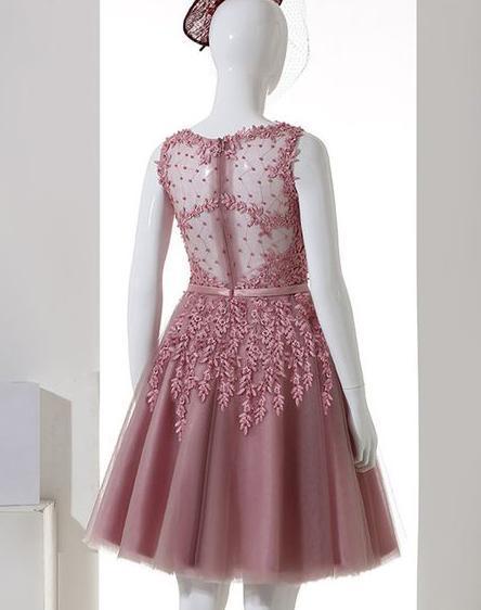 Pink Illusion See Through Lace Beaded Short Cheap Homecoming Dresses Online, BDY0345