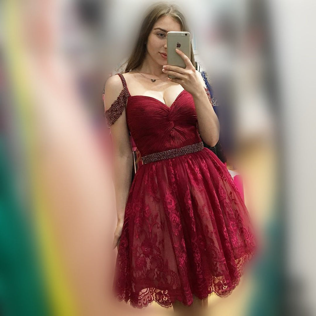 Off Shoulder Cute Short Lace Dark Red Homecoming Dresses 2018, BDY0251