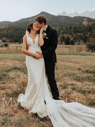 Simple V-neck Mermaid Lace applique Wedding Dresses, WDY0196